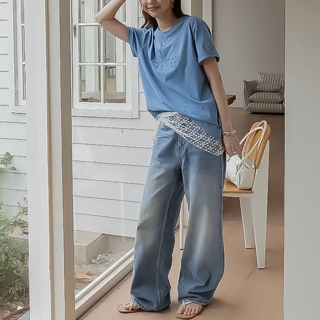 back damage wide denim /2color　NK2209