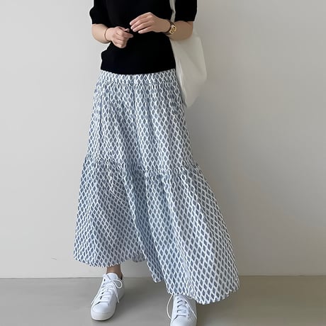 block print tiered long skirt /2color　NK2166