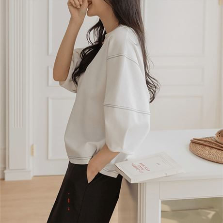 puff sleeve contrast stitch cutsew　NK2172