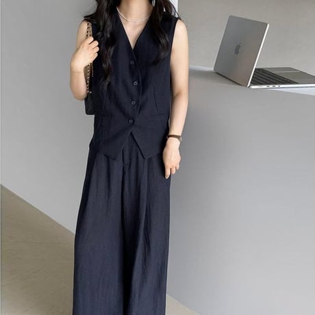 back ribbon gilet & pants set up /2color　NK1825