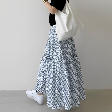 block print tiered long skirt /2color　NK2166