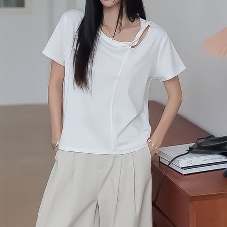 asymmetric neck short sleeve tee /4color　NK2314