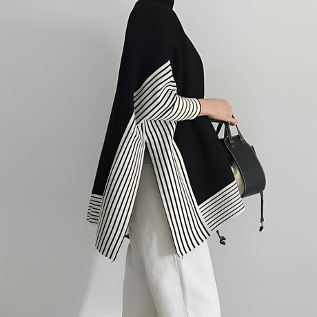 asymmetric border knit poncho　NK2163