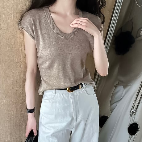 french sleeve u-neck knit top /4color　NK2203