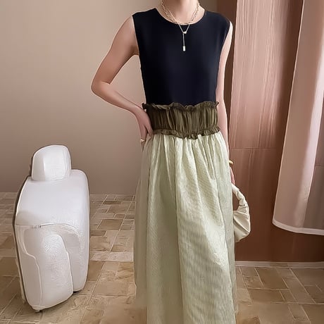 sleeveless colorblock gathering dress /2color　NK2326
