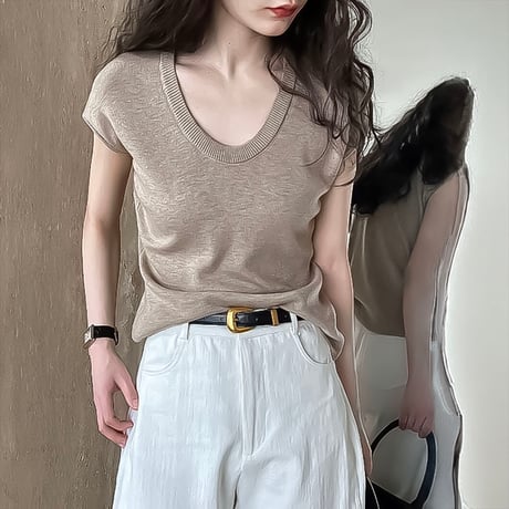 french sleeve u-neck knit top /4color　NK2203