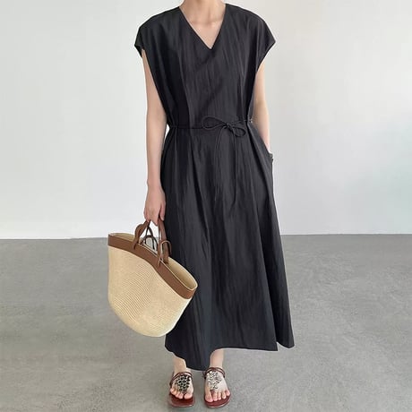 v-neck waist-tie maxi dress /3color　NK2380