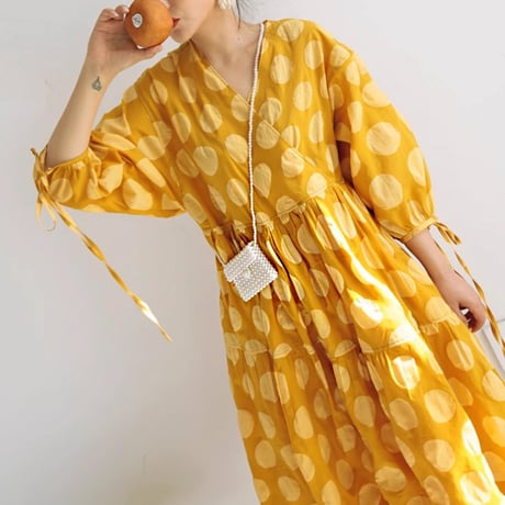yellow polka dot midi dress　NK1780