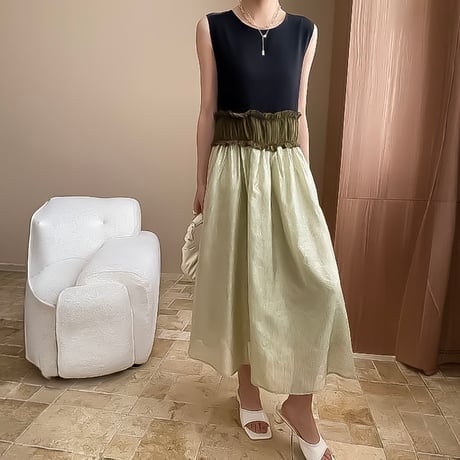 sleeveless colorblock gathering dress /2color　NK2326