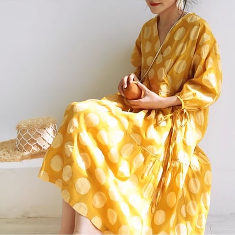 yellow polka dot midi dress　NK1780
