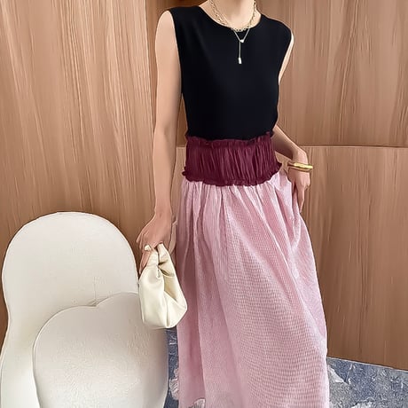 sleeveless colorblock gathering dress /2color　NK2326