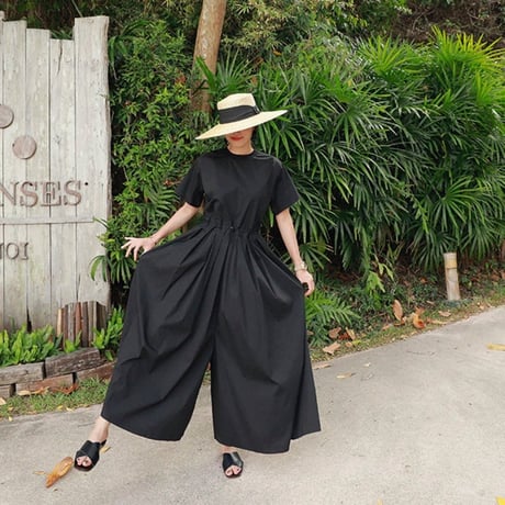 drawstring waist wide jumpsuit /2color　NK1580