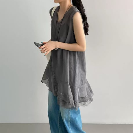 asymmetric lace sheer tunic /2color　NK2241