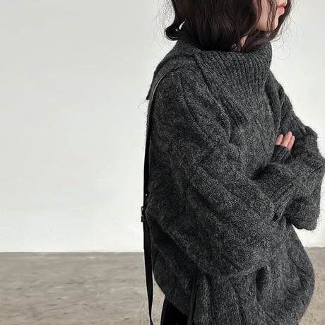 slit collar cable knit pullover /2color　NK2061