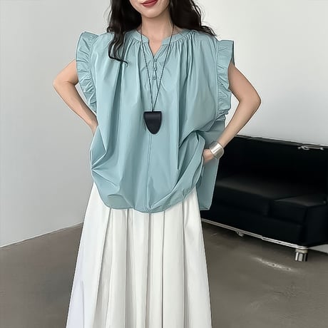 gathered ruffle henley blouse /3coloe　NK2225