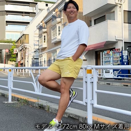 ハーフパンツ＜I'm IMANAMI Class＞ イエロー×白文字 水陸両用 2way ナイロンショーツ