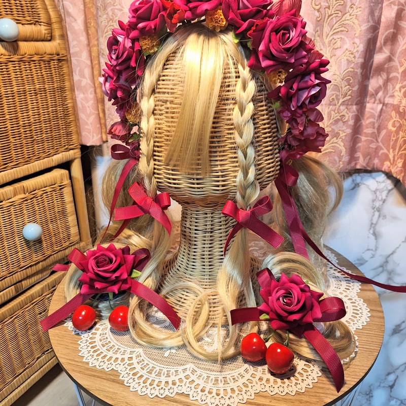 さくらんぼ薔薇クリップ付き】薔薇ヘッドドレスカチューシャ