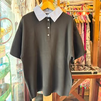 シャツ衿半袖ポロニット　ブラック