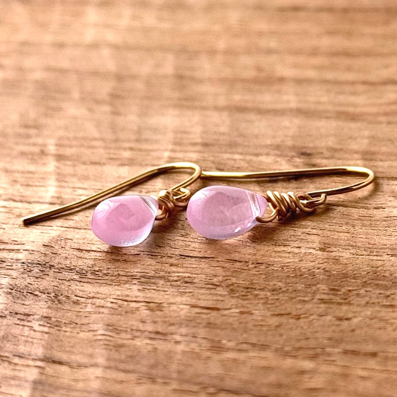 チェコビーズ ピンク×ラベンダー 一粒ドロップピアス バイカラー[No