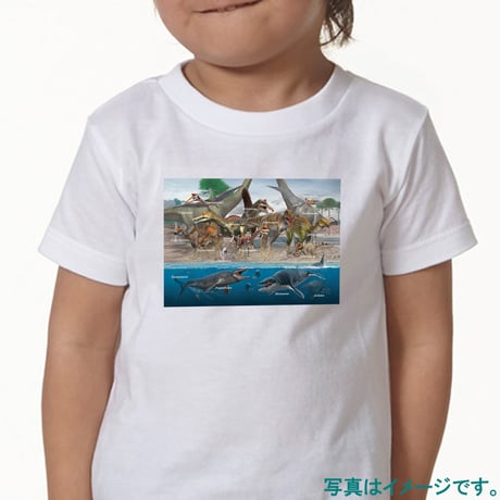 【加藤愛一】恐竜アート白Tシャツ 恐竜大行進