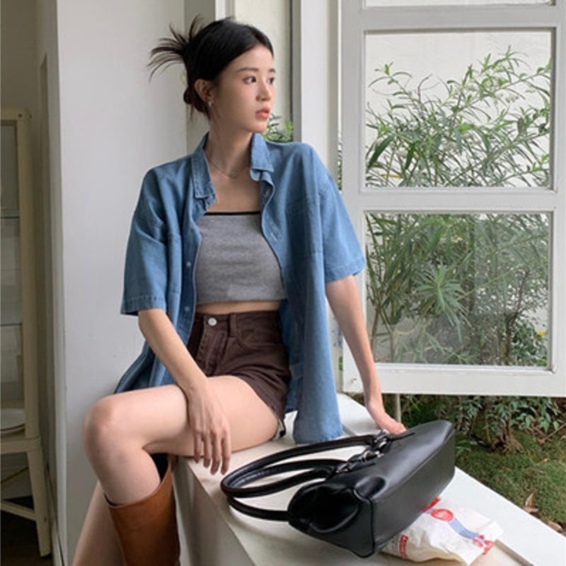 韓国版ゆるい半袖デニムシャツ 夏カジュアルデザイン感薄いコート