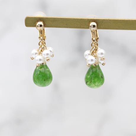 イヤリング・ピアス｜小粒パールと雫｜緑