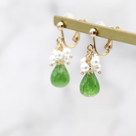イヤリング・ピアス｜小粒パールと雫｜緑
