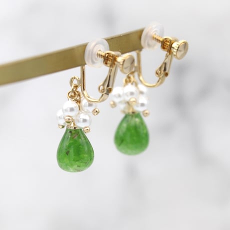 イヤリング・ピアス｜小粒パールと雫｜緑