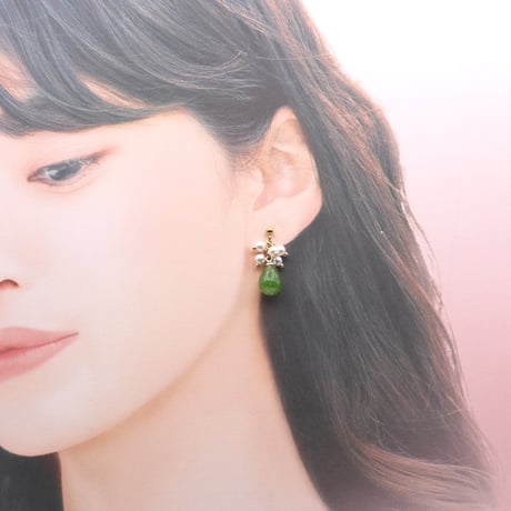 イヤリング・ピアス｜小粒パールと雫｜緑