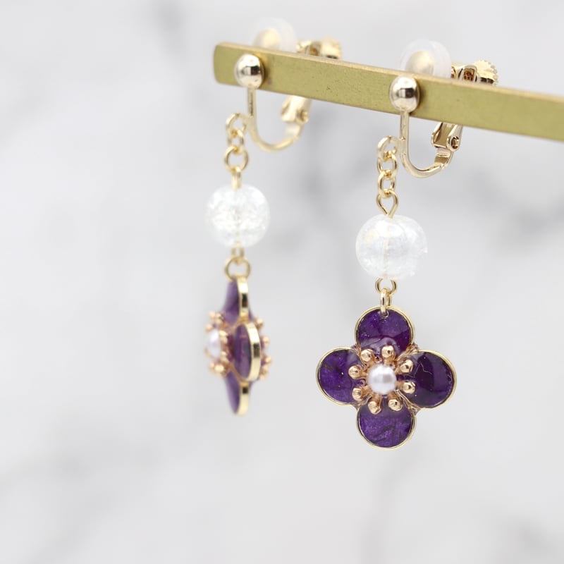 イヤリング・ピアス｜花とガラスビーズ｜紫 | POOPOOPAPER accessory