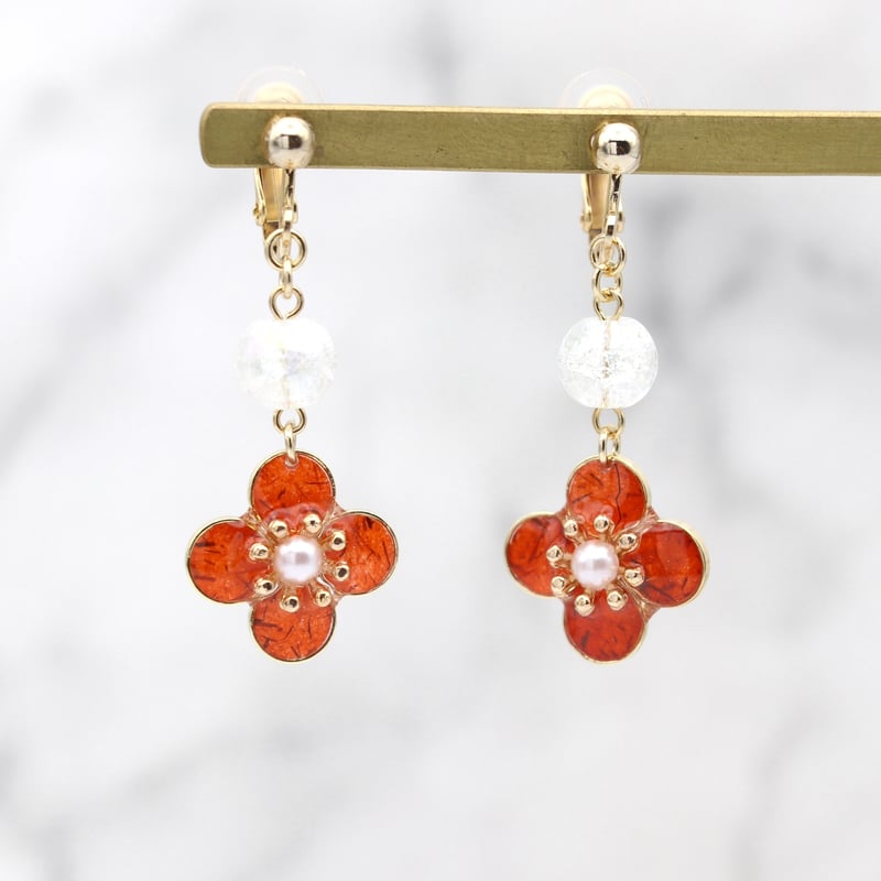 オレンジ フラワーデザインイヤリング(片耳用)