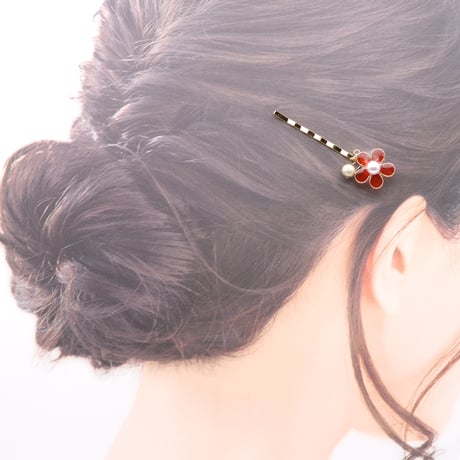 ヘアピン｜花とダストビーズ｜オレンジ