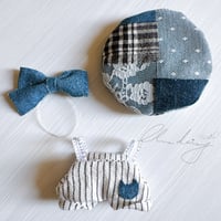 サロペット&ベレー帽・リボンセット単品【ホワイト×ブルーリボン】