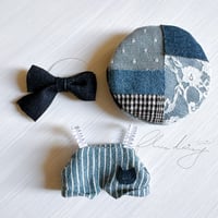サロペット&ベレー帽・リボンセット単品【ブルー×ネイビーリボン】