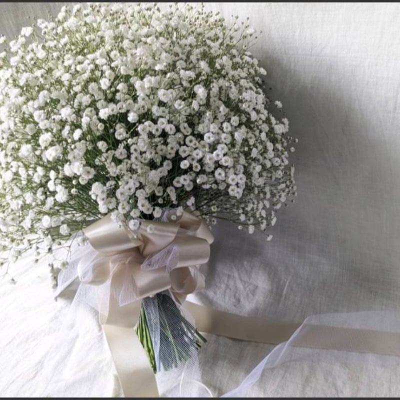 かすみ草×アジサイ　ラウンドブーケ+ブートニア　18ｃｍ ウェディングブーケ＊*生花のかすみ草ラウンドブーケLサイズΦ40cm