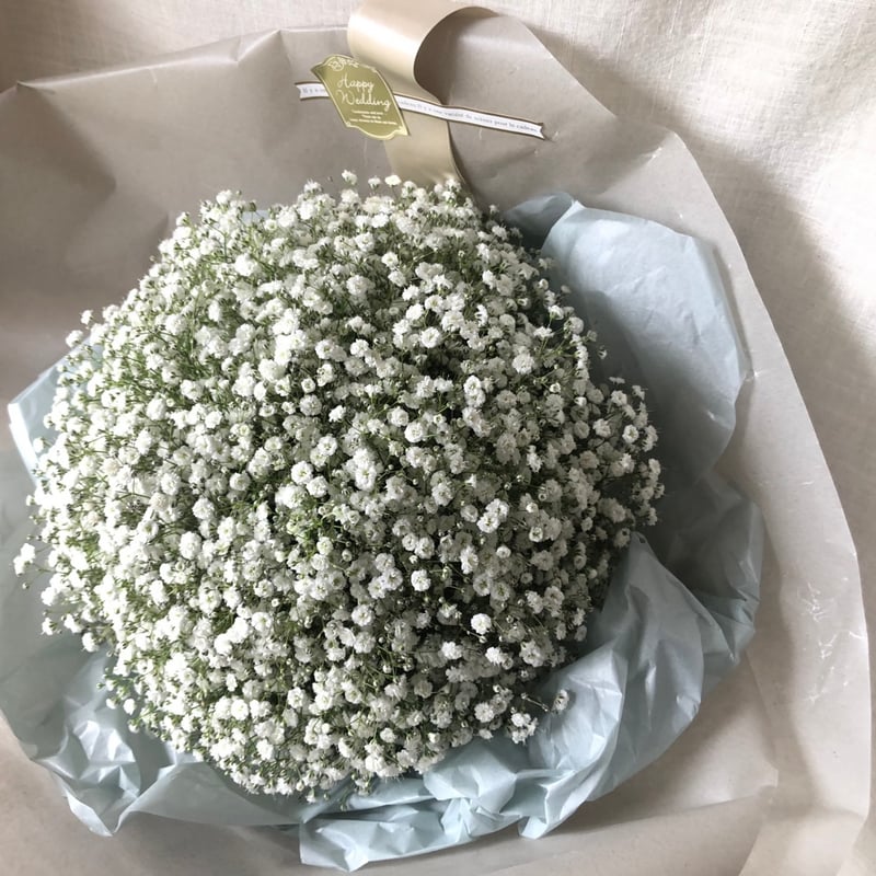 ウェディングブーケ＊*生花のかすみ草ラウンドブーケ【ブートニア付き