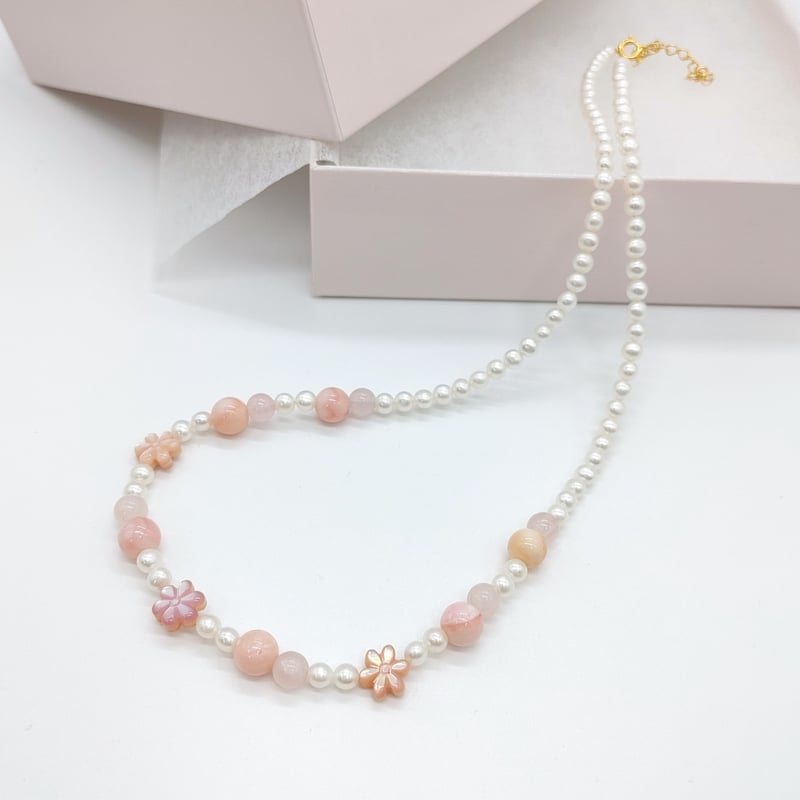 お花とローズクォーツのキュートネックレス | KJM-pearl