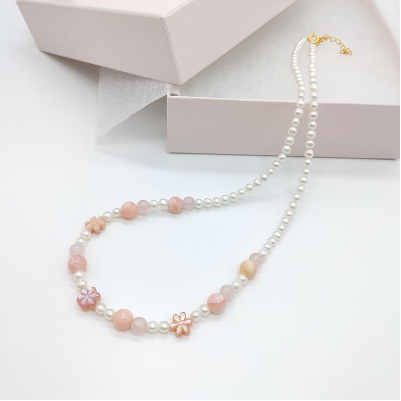 お花とローズクォーツのキュートネックレス | KJM-pearl