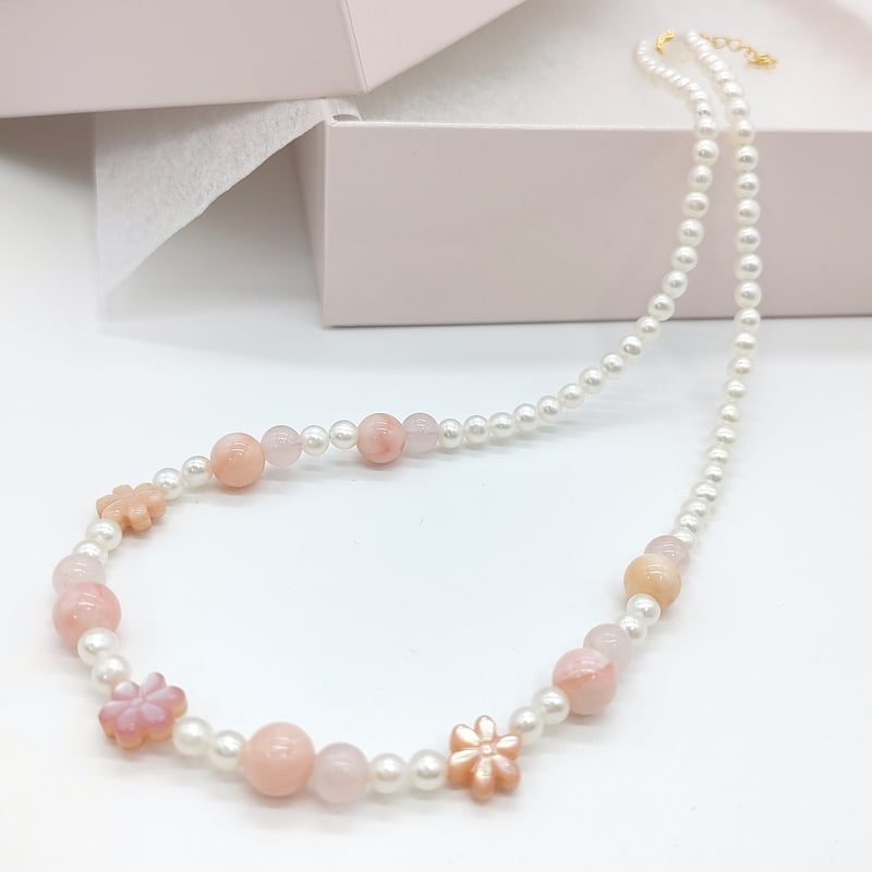 お花とローズクォーツのキュートネックレス | KJM-pearl