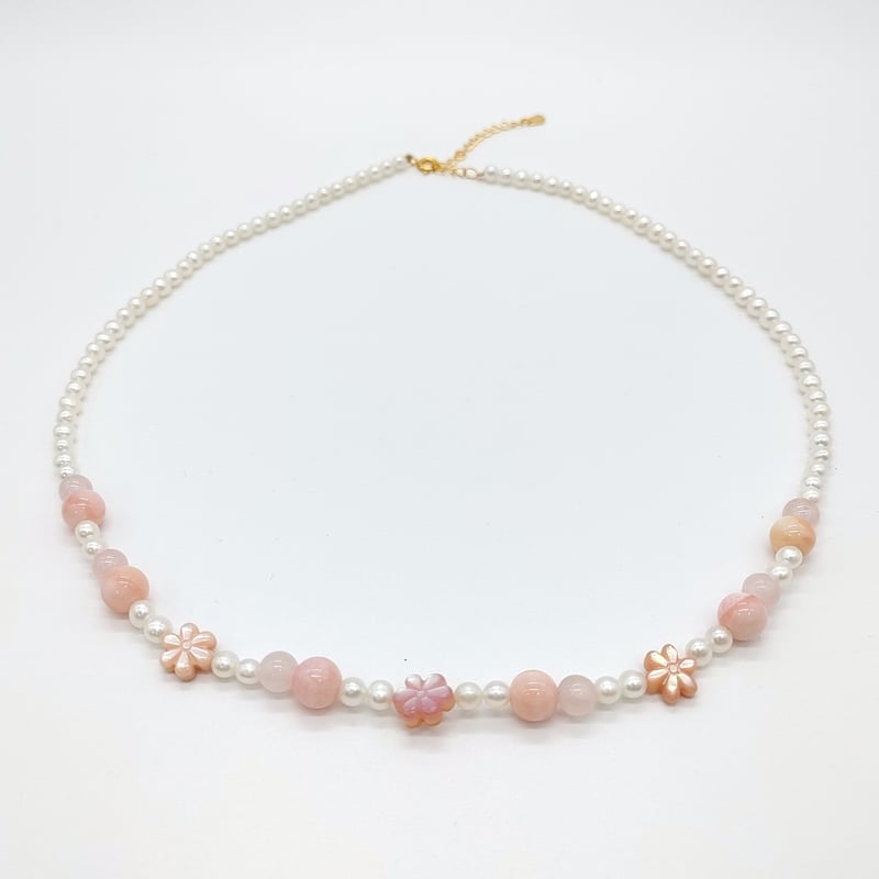 お花とローズクォーツのキュートネックレス | KJM-pearl