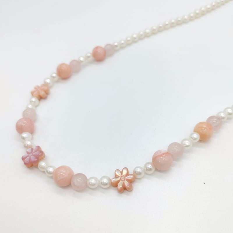 お花とローズクォーツのキュートネックレス | KJM-pearl