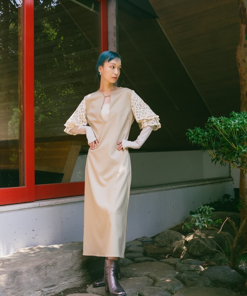 Lace Tiered Sleeve Dress | Beige | ELLA CANTARIA