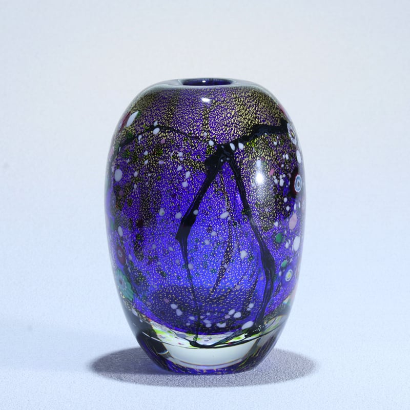コバルトブルーの金箔装飾花瓶 MURANO ムラノ 金彩 コバルトブルー 花器 MURANO ムラノ 金彩