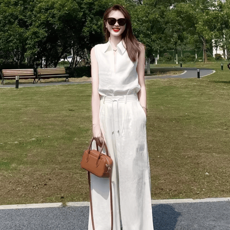 無地 ノースリーブリネンシャツ + ワイドパンツ 2 点セット 通気性が良くさらっと快適