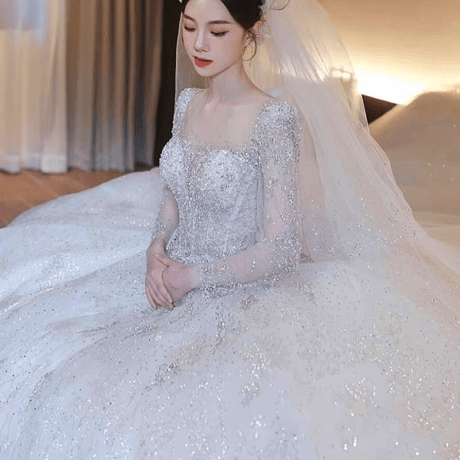 長袖チュールスクエアネックキラキラ軽やかウェディングドレス結婚式前撮り花嫁