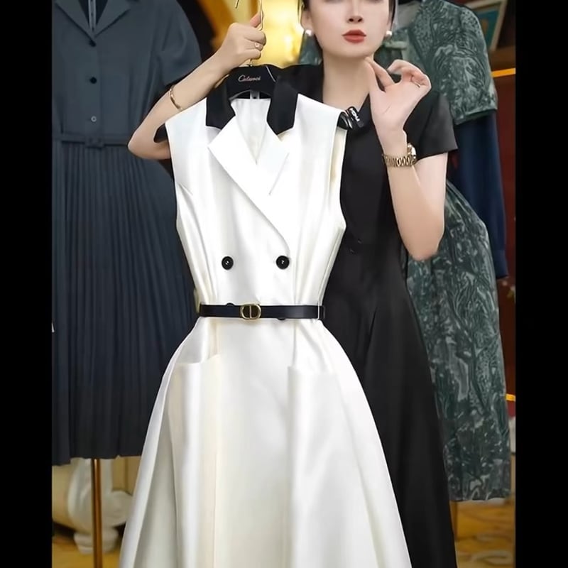 大人バイカラーノースリーブワンピーステーラードワンピース