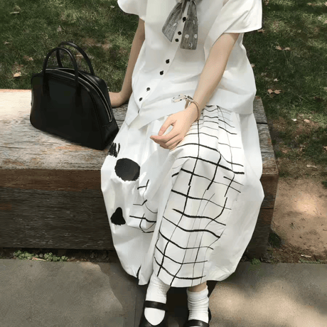 半袖ゆったりシャツ 水玉 × チェック切替ミニスカート 2 点セット
