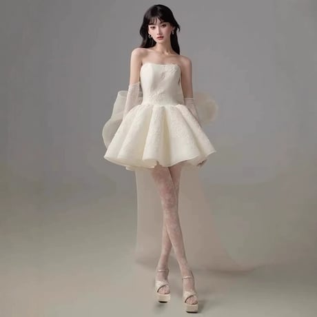 バンドゥ サテン レース バタフライ ウェディングドレス 結婚式成人式ミニドレス