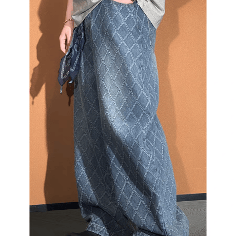 メンズチェックデニムワイドパンツルーズシルエットカジュアル春夏秋