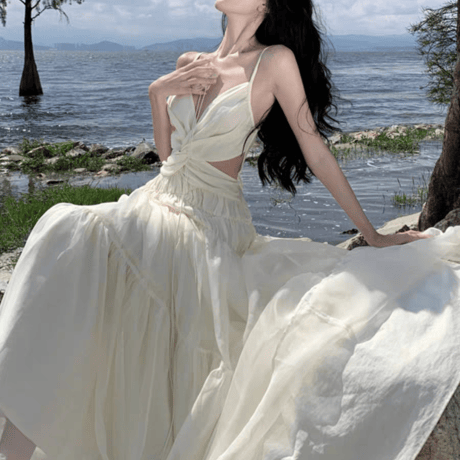 夏用 無地 バックオープン キャミソール 海リゾートビーチロングドレス